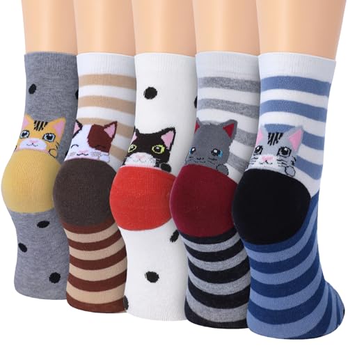 YSense 5 Pairs Womens Cute Animal Socks - Dog, Cat, Novelty, Cartoon, Cotton, Casual Crew, Funny Socks Gifts
