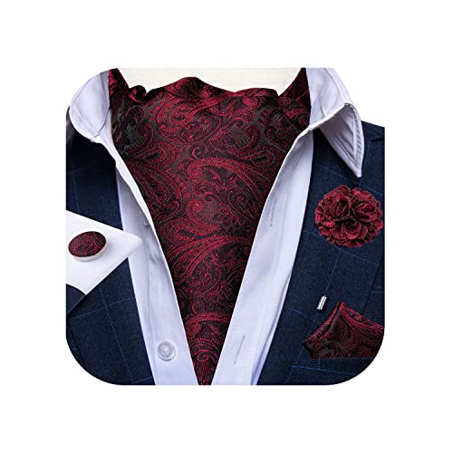 Image of DiBanGu Mens Silk Ascot Ties Paisley Jacquard Woven Cravat and Pocket Square Cufflinks with Lapel Pin for Business Wedding