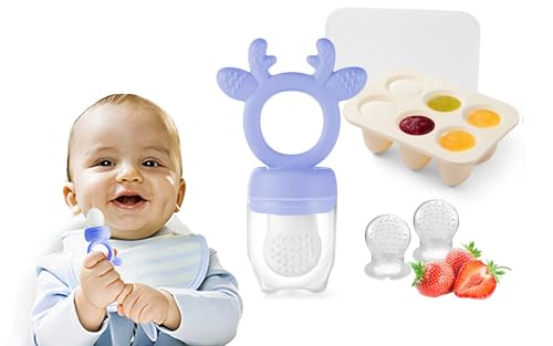 Image of Baby Fruit Food Feeder Teether with Popsicle Molds, Cute Teething Toys Silicone Teethers for Babies 3-12 Months for Baby Feeding Gift