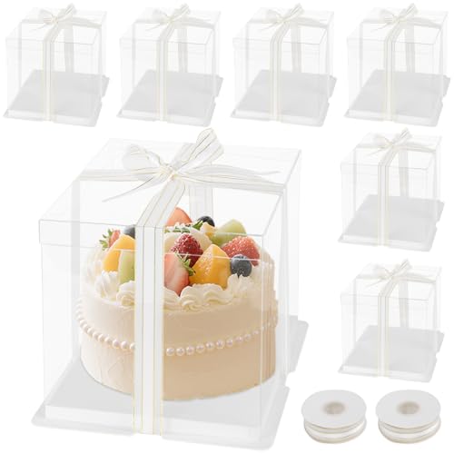 KEILEOHO 8 PCS Clear Cake Box with Ribbon, 8.5 x 8.5 x 9 In 2-Layer Tall Cake Packaging Boxes, PET Transparent Cake Carriers with Lids for Party, Wedding Bakery Pastry Cakes Display