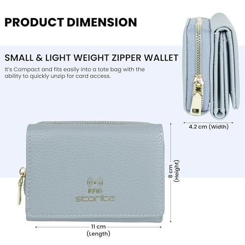 Image of Storite Women RFID Wallet | PU Leather | Slim Mini Zipper Purse with 5 Card Slots, ID Window, Cash & Coin Pocket | Button Closure (Light Blue - 11 x 8 x 4.2 cm)
