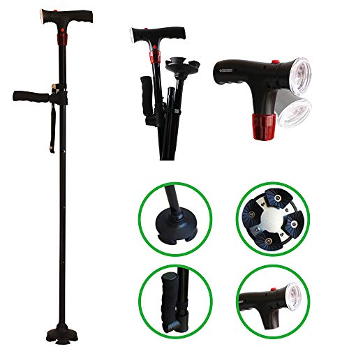 urge medical Clever Cane with LED Light,Travel Adjustable Folding Walking Canes, Security Alarm, Two Cushion Handles - Foldable, Light Weight Walking Stick for Arthritis Seniors Disabled and Elderly