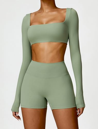 Image of ABOCIW Women Square Neck Long Sleeve Workout Crop Top Low Medium Impact Athletic Yoga Gym Shirts with Built in Bra(ONLY TOP)