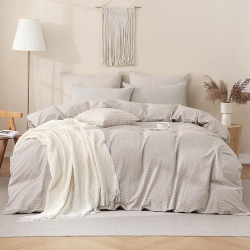 Image of TOCOMOA Mini Gingham Tan Duvet Cover Bedding Set 100% Washed Cotton Like Linen Feel Super Soft Comfy 3 Piece Brown Small Plaid Checkered Comforter Cover Set (King 104 inchx90 inch, Comforter Not Included)