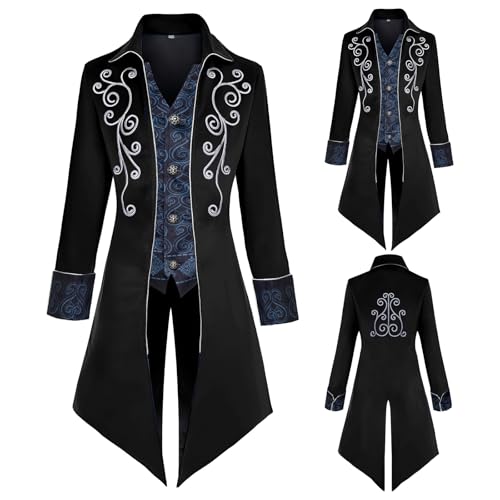NFAUEIK Men's Medieval Steampunk Jacket Victorian Coat Renaissance Renaissance Tailcoat Halloween Costume (Black, M)