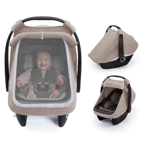 Blissful Diary Baby Car Seat Cover, Extra Large Mesh Window, Breathable Muslin Cotton, Infant Windproof Canopy, Agreeable Gray