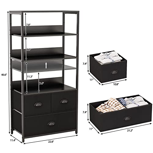 Furologee 4-Tier Bookshelf With 3 Drawers, Vertical Dresser Organizer, Black Storage Shelf For Books, Photos, Decorations In Living Room, Office, Bedroom,Kitchen, Sturdy Metal Frame,Wood Top #TOP2