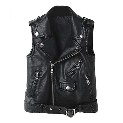 Lengender Veste en Simili Cuir sans Manche Enfant - Blouson Motard avec Fermeture éclair asymétrique - Manteau Printemps Automne Garçon Filles (Noir, 140)
