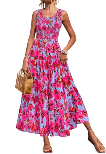 Image of PRETTYGARDEN Smocked Tank Floral Maxi Dresses for Women 2026 Wedding Guest Dress Sleeveless Flowy Long Sundress with Pockets
