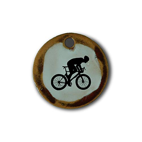 Schöner Keramik-Anhänger „Mountainbike“ in rot marmoriert; Schmuck Kette Kettenanhänger Geschenk Kunsthandwerk Keramik rund Talisman Halskette Aufmerksamkeit Mitbringsel individuell