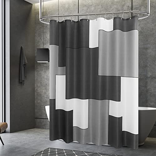 Black Shower Curtain Textured Fabric Waffle Weave Polyester Modern Bath Shower Curtains for Bathroom, Mid Century Waterproof Shower Curtain Set with 12 Hooks, Machine Washable 72 x 72 inch