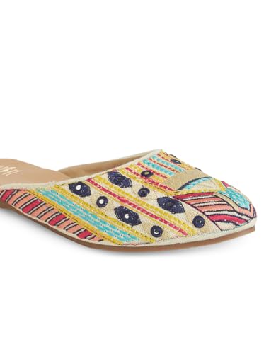 Image of OPIVE's Women's Mojari Jutti Ethnic Punjabi Juttis Traditional Flat Embroidered Canvas Fancy Bellies|Attractive Design PVC Sole for Womens & Girls(of WHITE-38)