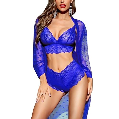 RSLOVE Women Sexy Lingerie Set 3 Piece Lace Kimono Robe with Bra and Panty Sheer Sleepwear Small Royal Blue