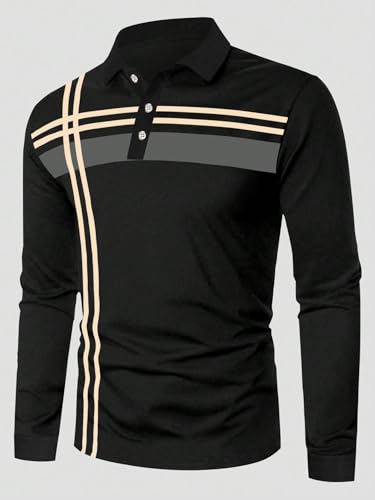Mens Stripe Design Polo Shirt Long Sleeve Multicolor Interlock Comfort Collared Everyday Breathable Top3