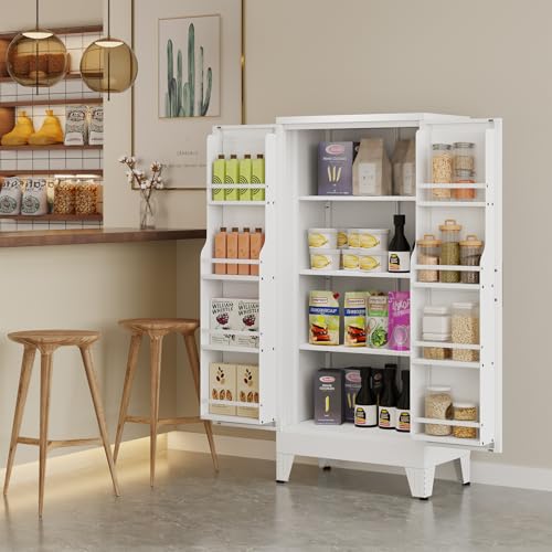 Image of White Pantry Storage Cabinet, 48 inch Kitchen Pantry with Doors and 3 Adjustable Shelves, Metal Freestanding Buffet Cupboards Sideboard, for Office, Home, Garage, School