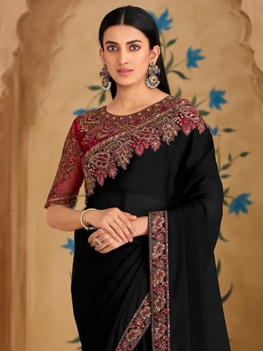 Image of AKHILAM Women's Satin Sequence Embroidery Saree With Unstitched Blouse Piece(SNDLWOD1601 TFH Parent)