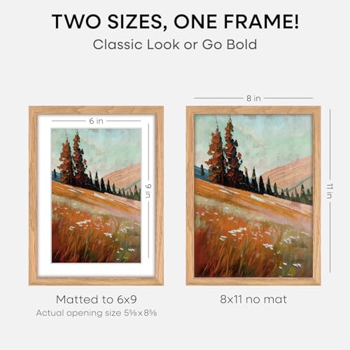 Image of Homeforia 8x11 Natural Oak Picture Frame, High-End Wood, 6x9 Mat, Glass | High End Solid Oak Wood, Tempered Glass, Acid-Free 6x9 Removable Mat, 8x11 Edge-to-Edge Display 11x8, Wall Kit, Set Of 3