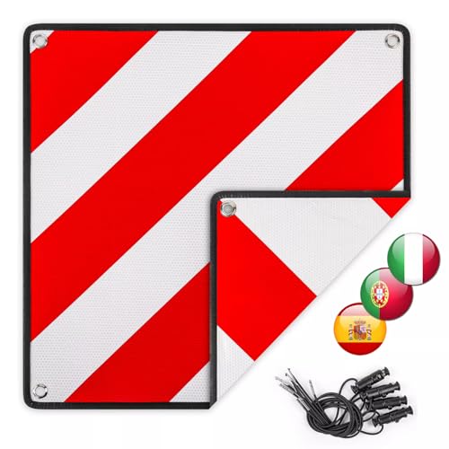 3in1 Warnschild für Italien, Spanien & Portugal - Reflektierendes Warnschild 50x50 cm inkl. 4X Spanngurte - Hochwertig & Zertifiziert für Fahrradträger, Heckträger & Wohnmobil