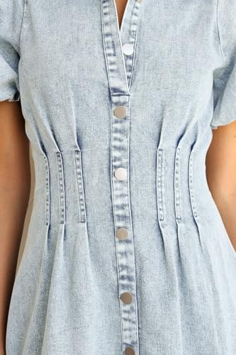 Image of Summer Denim Dress for Women Puff Sleeve Slim Fit Jean Dresses for Women | Puff Sleeve Denim Dress, Collared Button Front, Side Zip, Cinched Waist, Stretch Fabric, A-Line Hem