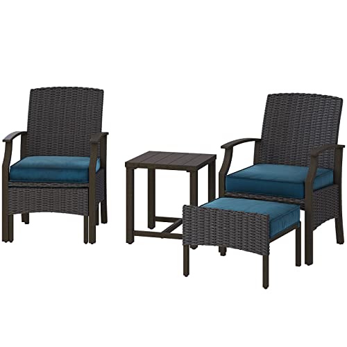 Grand patio Rattan Set Möbel, Balkonset Gartenmöbel inkl. Rattentisch und Stühle, Polyratten Lounge Set mit Sitzkissen und Ottomane, Terrasse Sitzgruppe Sitzgarnitur für innen Outdoor (Blaues Kissen)