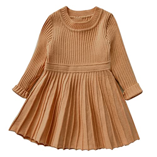 Baby Sweater Dress For Child Little Fall Sweater Outfits Long Sleeve Knee Dress Kids Girls' Casual Dresses Size For 1 2 Years 24M Pullover Swing Winter Skater Pleated Round O Crew Neck (Brown, 90) #TOP5