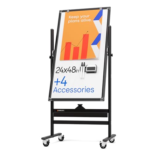 Image of Rolling Dry Erase Board 24 x 48 - Large Portable Magnetic Whiteboard with Stand - Double Sided Easel Style Whiteboard with Wheels - Mobile Standing White Board for Office, Classroom & Home
