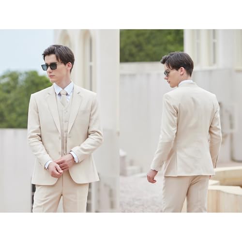 Men's herringbone Linen Suits Beach Wedding Tuxedo Summer Slim Fit Light Weight 3 Pieces3