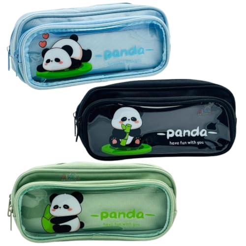 Image of Zqiue Cute Panda Pencil Pouch 3 Combo Set, Double Zipper Transparent Window Pen Case, Large Capacity Canvas Storage Bag for School, Kids, Teens & Office
