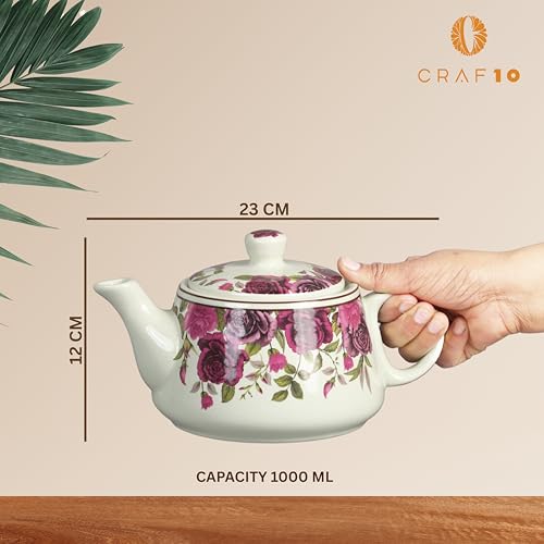 Image of CRAF10 Handcrafted Ceramic Vintage Rose Floral Print Teapot Cup Set - 1 Kettle (1 Litre) & 6 Cups (160 ML), Microwave & Dishwasher Safe | Morning Set | Tea Sets with Kettle