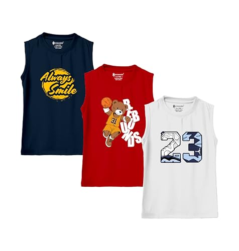 Image of KYDA KIDS 100% Cotton Bio Washed Premium Printed Boys Sleeveless Loose Fit Tshirt - Antibacterial Boys Vest - Pack of 3