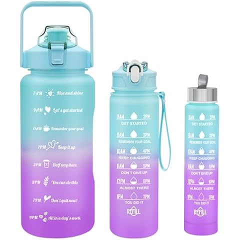AQUEENLY Water Bottles with Time Marker, 64oz 32oz 15oz Water Bottle with Straw, Carry Strap & Measurements, Leak-Proof Gym Water Bottle for Adult & Kids Sports Outdoors Cover