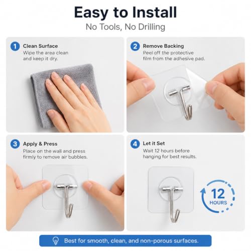 Image of KONVIO NEER Hanging Hooks for Wall Without Drilling - 10 Pack Self Adhesive Wall Hooks Heavy Duty, Transparent Stainless Steel Nail-Free Hanging Hooks for Kitchen, Bathroom, Keys & Home Organization