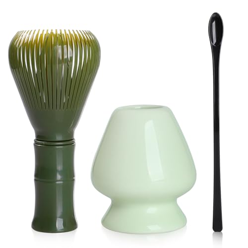 Bigqin Agitadores para Té Matcha, 3 Piezas Juego de Batidor de Huevos, Soporte Agitador de Cerámica, Resina Lavable Lavable cepill Batidor y Cuchara, para las Bebidas Matcha Té Postres