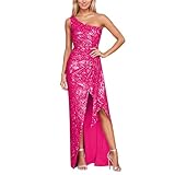 Damen-Kleid mit schulterfreiem Pailletten, ärmellos, geschlitzt, rückenfrei(Hot Rosa,M)