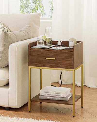 Image of Masupu Nightstand with Charging Station, 3-Tier Modern Bedside Night Stand with Storage Drawer and Shelf, Small End Side Table for Bedroom, Living Room, Walnut