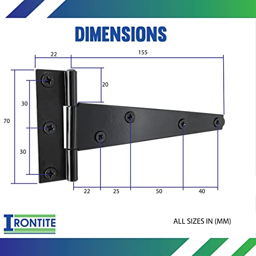 IRONTITE® Black T Hinge 150mm (6”), Weather-Resistant Gate Hinges for Wooden Gates or Garden Sheds, 150mm (6") - Image 4
