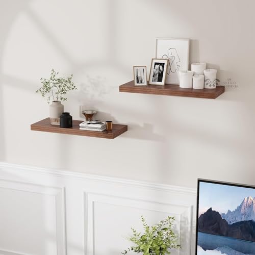 Image of Wooden Floating Wall Shelf| Wall Mount| Wall Rack| Wall Bracket for Home and Office Decor | Big Mounted Cabinets (XX-Large (24x8 inches), Set of 3, Walnut Finish)