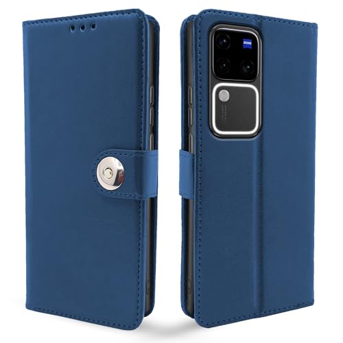 Image of Pikkme Vivo V30 Pro 5G Flip Cover Leather Finish | Inside TPU with Card Pockets | Wallet Stand and Shock Proof | Complete Protection Button Flip Case (Blue)