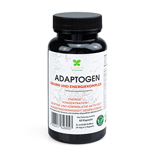 Lanco Adaptogen Brain Energy Complex Ashwagandha Pulver Theanin Guarana Rhodiola Rosea Taurin statt Koffeintabletten und Energy Drinks, Ashwagandha-Kapseln Energy-Booster Vegan, Konzentration 60 Kaps