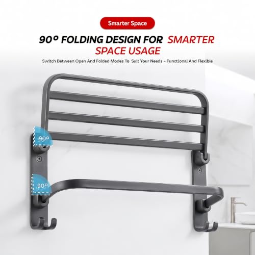 Image of Amazon Basics 40 CM Powder - Coated Aluminium Towel Rack for Bathroom with Hooks - Rust - Free, Space - Saving Bathroom Towel Holder Easy Installation Grey