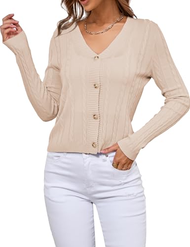 Image of VERABENDI Womens Sweaters Cable Knit Open Front Buttons V Neck Lightweight Cropped Cardigan for Women