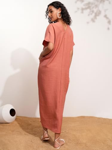 Image of Tokyo Talkies Women's Dresses for Women | Solid Color | Kaftan Style | Holiday Midi Dress | Short Kaftan Sleeves | Relaxed & Elegant