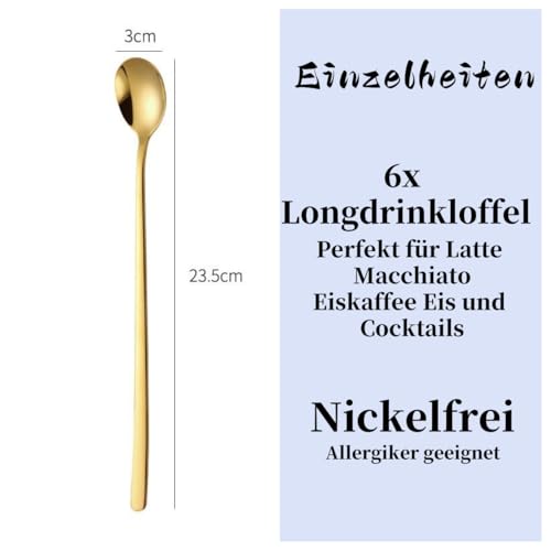 Voarge 6-częściowy zestaw łyżek o długości 23,5 cm długości, łyżka do lodów, długa łyżka do mieszania ze stali nierdzewnej, idealna do mrożonej kawy, herbaty mrożonej, koktajli mlecznych, lodów,