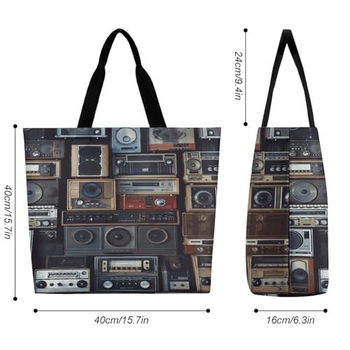Women's Multi-Functional Shopping Bag，Vintage Wall of Radio Boombox Printing Messenger Bag Shoulder Bag for Travel, Work, Shopping & Parties with Inner Pocket, Grocery Bag Lightweight & Water-Resistan2
