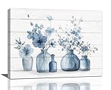 Blue Flower Bathroom Wall Art Floral Pictures Wall Decor Blue And White Canvas Prints Framed Artwork Home Office Decorations for Bathroom Living Room Bedroom Dinning Room 16"x12"