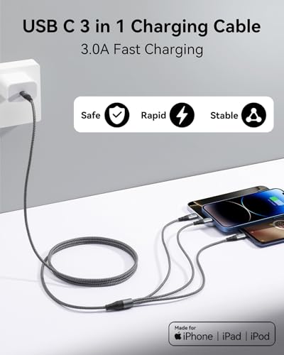 Multi USB Charging Cable C 3A,[2Pack 4ft] 3-in-1 Braided Nylon Charging Cable Fast Charging Cable for iPhone with Type-C, Micro USB, IP Port for iPhone17/16/15/14/Android and More