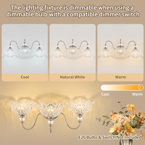 Image of Brushed Nickel 3-Light Bathroom Vanity Light with Floral Clear Glass Shades, Brushed Nickel Wall Mount Lighting for Bathroom, Dressing Table