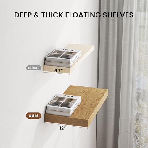 Image of Dreamland 40 inch Floating Shelves for Wall, 12 inch Deep Thicker Oak Floating Shelves, Wall-Mounted Shelves for Bedroom, Living Room, Kitchen, Bathroom - Set of 2