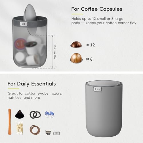 Image of EKO Mini Desk Trash Can with Swing-Top Lid 0.4 Gallon Small Table Round Wastebasket for Office, Home, Car (Grey)