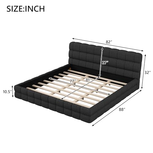 Merax King Size Floor Bed Frame with Block Style Headboard, Berber Fleece Upholstered Platform Bed, Wood Frame and Slats, Cushioning All Around Guards, No Box Spring Required, Black by Merax - Image 2